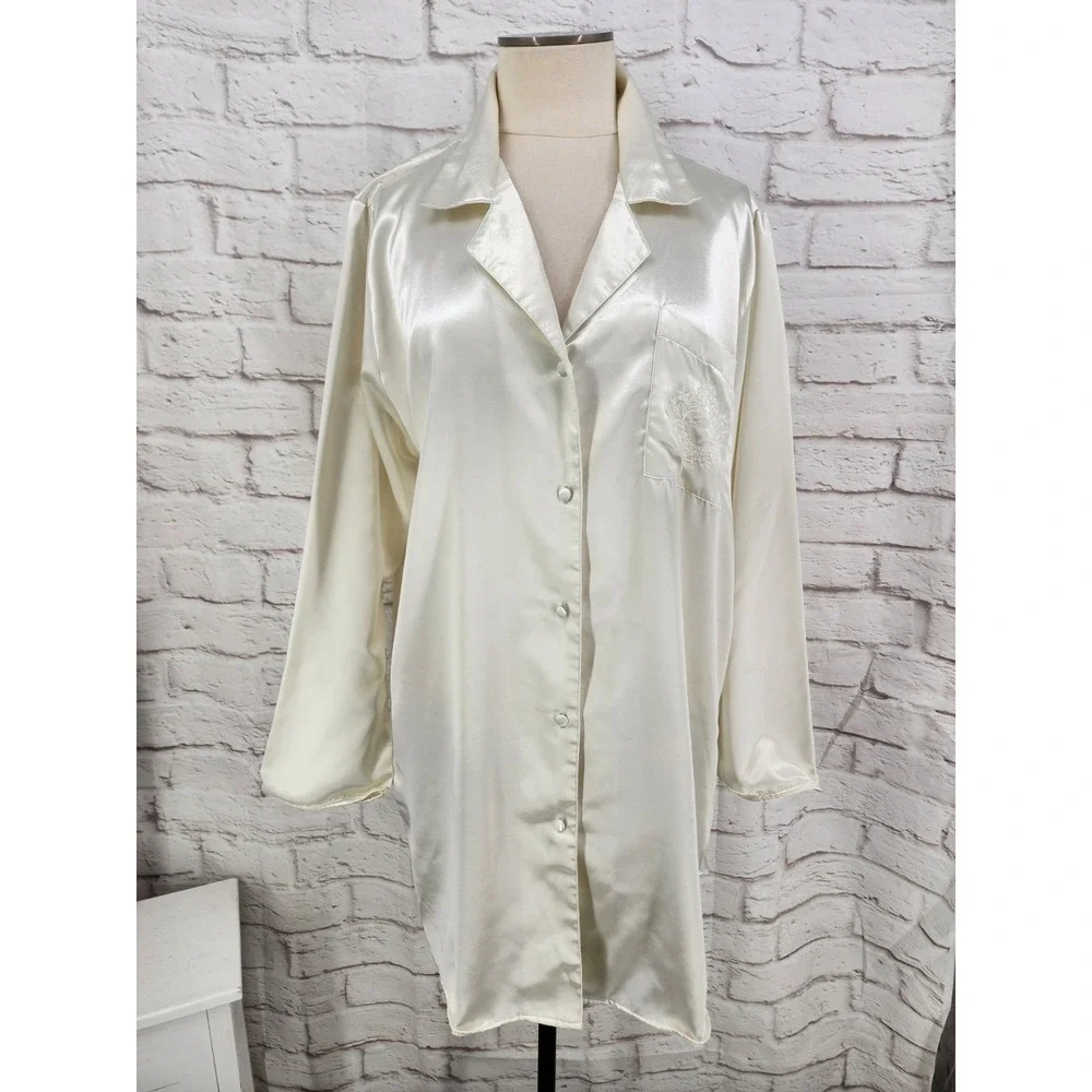 Adonna Satin Sleep Shirt Dress Long Sleeve Bridal White Embroidered Crest Large